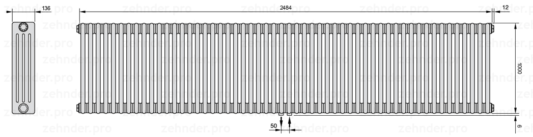 Схема (чертеж) Радиатор Zehnder Charleston 4100/54 №5410 Белый глянцевый RAL 9016
